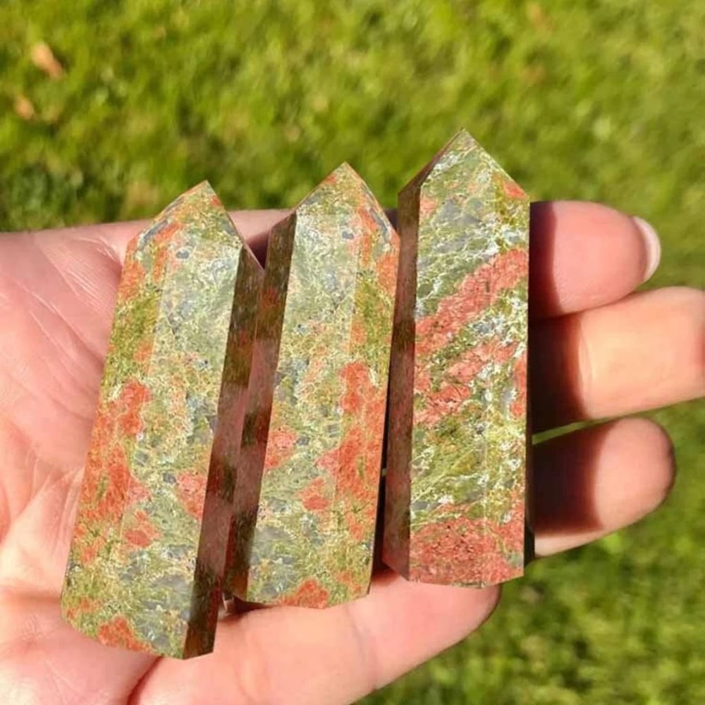 3'' Unakite Stone Obelisk Rainbow Crystal Wand Tower Decoration